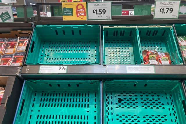 Empty tomato shelves at Morrisons in Birmingham.20/02/2023   See SWNS story SWBNtomatoes - Suppliers are blaming poor weather conditions in Spain for empty shevles which seem to be prevalent across the country.