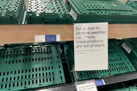 Empty shelves are seen in the fruit and vegetable aisles of a Tesco supermarket on February 22, 2023 in Burgess Hill.