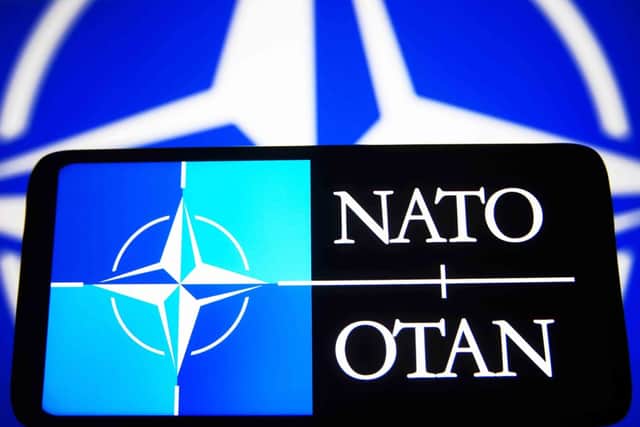 The logo of the North Atlantic Treaty Organization (NATO) also called the North Atlantic Alliance (photo: illustration by Pavlo Gonchar/SOPA Images/LightRocket via Getty Images)
