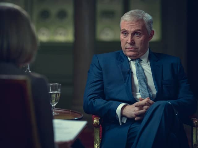 Rufus Sewell uncannily looks like the part of Prince Andrew in the forthcoming Netflix drama, "Scoop" (Credit: Netflix)