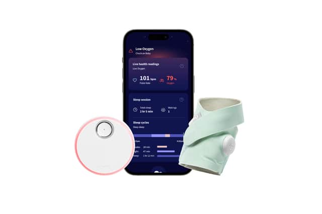 The Owlet Dream Sock wearable smart baby monitor tracks pulse rate, oxygen levels and sleep through a companion app