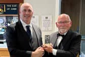 RWM Bro. J Rougvie presenting RWM Bro. A Leigh with the Glengonie Trophy. 