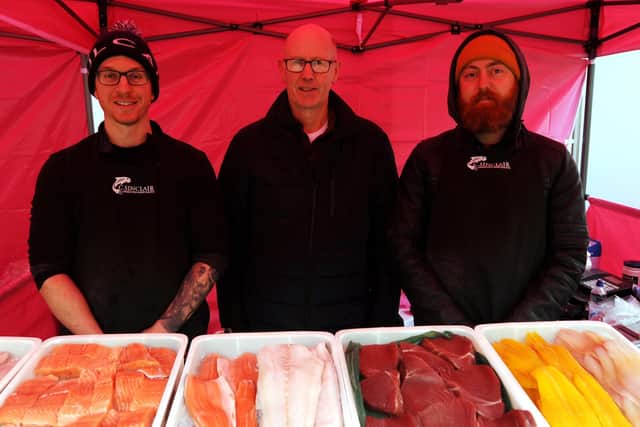 C. Sinclair fresh fish merchant  - Calum Sinclair, cllr Alistair Cameron and Stuart Mcauslan at the new market. Pic: Fife Photo Agency.