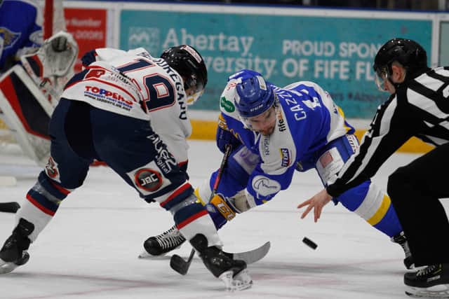 Mike Cazzola, Fife Flyers, in a face off v Dundee Stars (Pic: Jillian McFarlane)