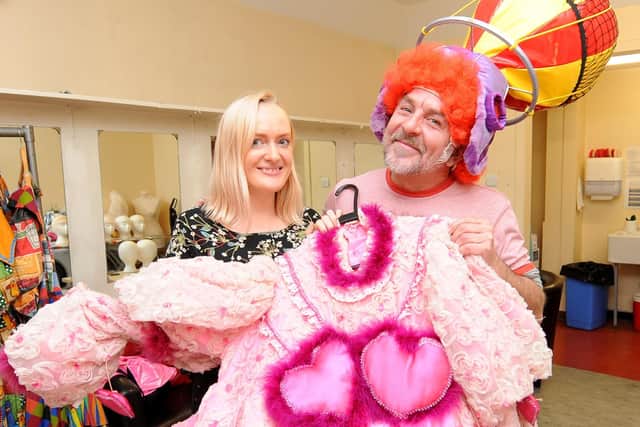 Costume manager Claire Lester with Steven Docherty as Dame Trot. Pic: Fife Photo Agency.