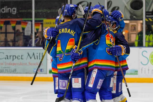 Fife Flyers wearing their specially designed jerseys as part of he club and league's first Pride weekend (Pic: Jillian McFarlane)