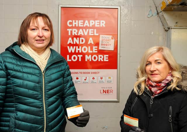 Kirkcaldy train commuters Lesley MacGregor and Angie Macinnes.  Pic: Fife Photo Agency.