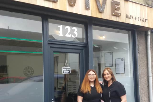 Clare Mitchell and Keavy Campbell outside  their new hairdressing and beauty business ‘Revive’ .