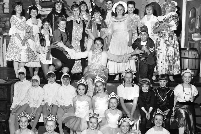 The cast of the "Humpty Dumpty" pantomime staged by St. Michael's Amateur Dramatic Society, Swinley, in January 1986.