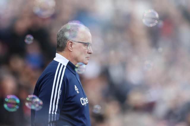 HAMMERS REMATCH: Whites head coach Marcelo Bielsa looks on during last Sunday's 2-0 defeat at West Ham in the FA Cup third round as the London club's famous bubbles blow around the ground. Photo by Alex Pantling/Getty Images.