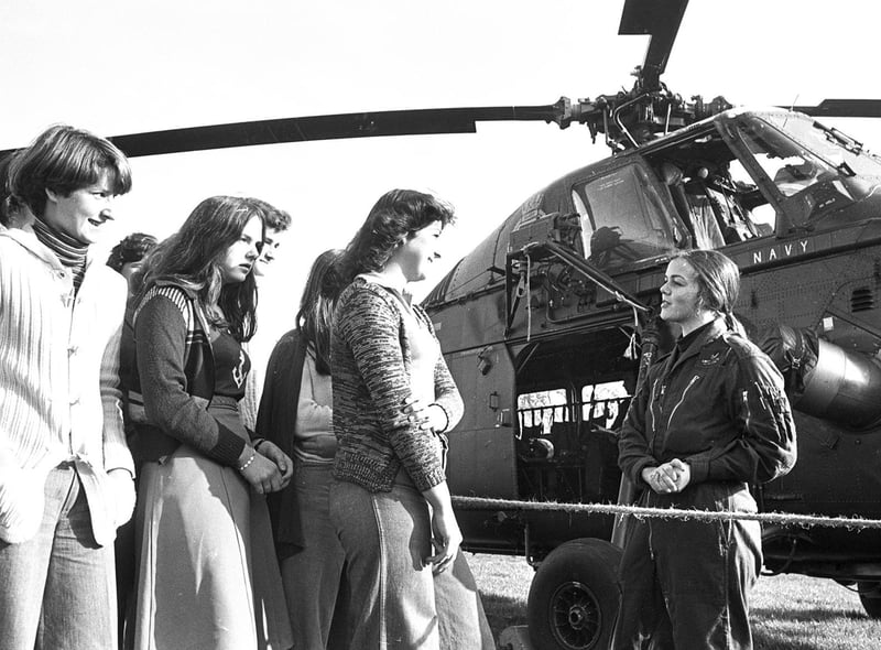 The crew of a Royal Navy Helicopter dropped in to meet students at St John Rigby College in Orrell in 1976