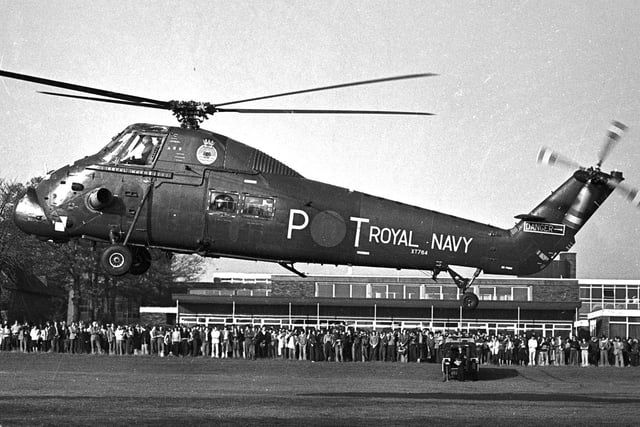 The crew of a Royal Navy Helicopter dropped in to meet students at St John Rigby College in Orrell in 1976