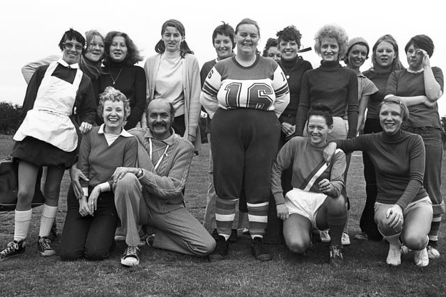 The Lasses team line up before the start of th  lads versus lasses charity soccer match in Wigan in 1976