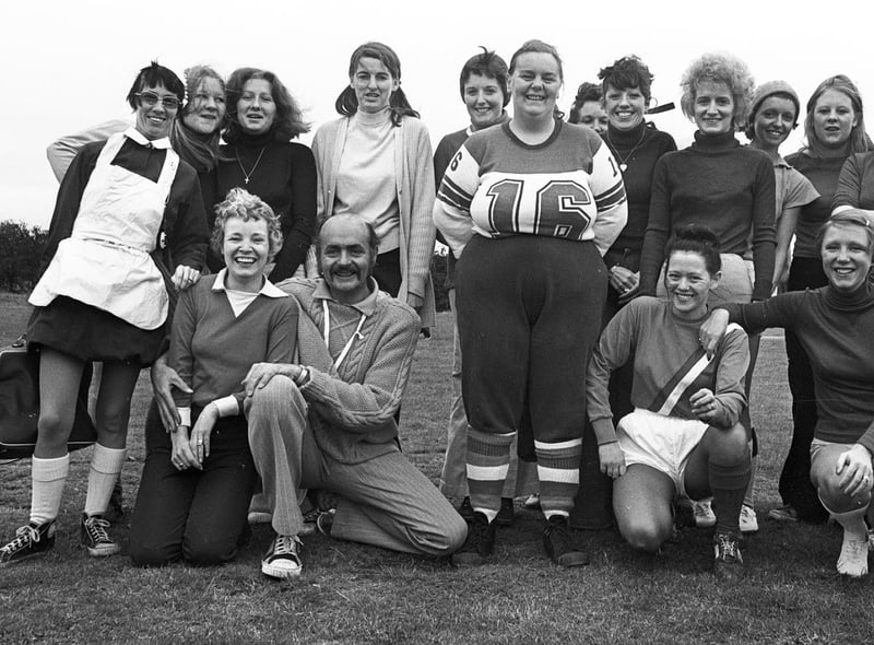 The Lasses team line up before the start of th  lads versus lasses charity soccer match in Wigan in 1976
