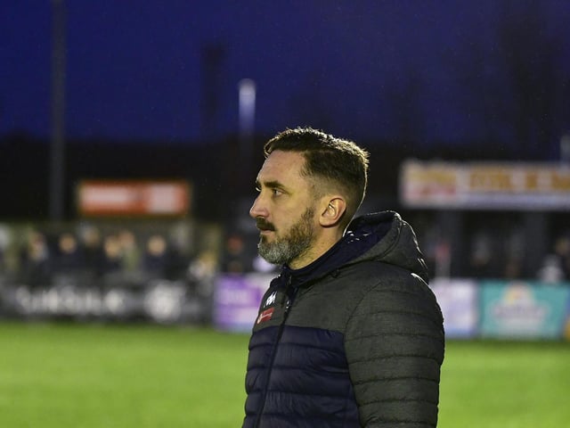 Scarborough Athletic manager Jono Greening watches the game at home to Morpeth Town.