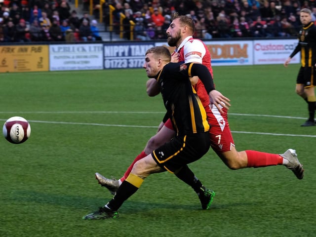 Jake Day in action for Scarborough Athletic v Morpeth Town.

Photo by Richard Ponter