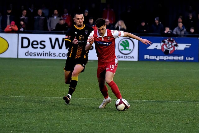 Scarborough Athletic man of the match Luca Colville takes on Morpeth Town.

Photo by Richard Ponter