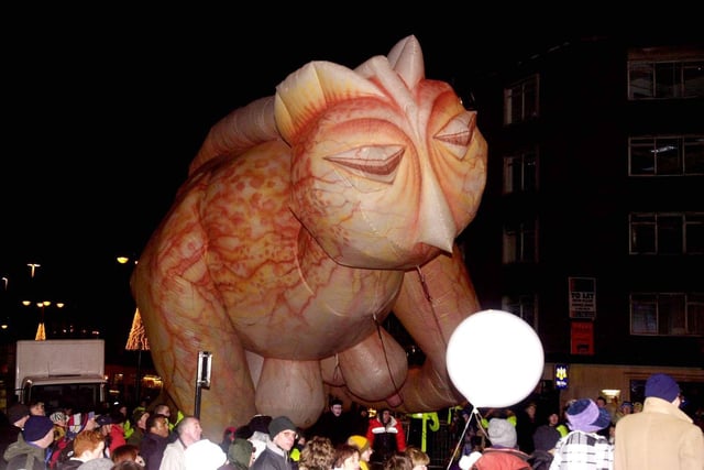 Ezili the mythical creature makes it's way up Eastgate in Leeds as part of the New Years Eve festivities in 2000.