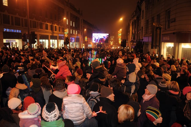 Crowds gather on the Headrow as the New Years Eve celebrations begin in Leeds on December 31, 2008.