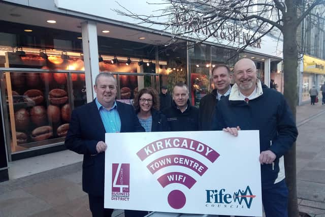 Kirkcaldy4All launches free wi-fi for town centre - Bill Harvey (BID manager), Laura Laird BID co-ordinator), Richard Watson (Rapier Systems), David Grove (Fife Council), Councillor Neil Crooks, chairman Kirkcaldy area committee