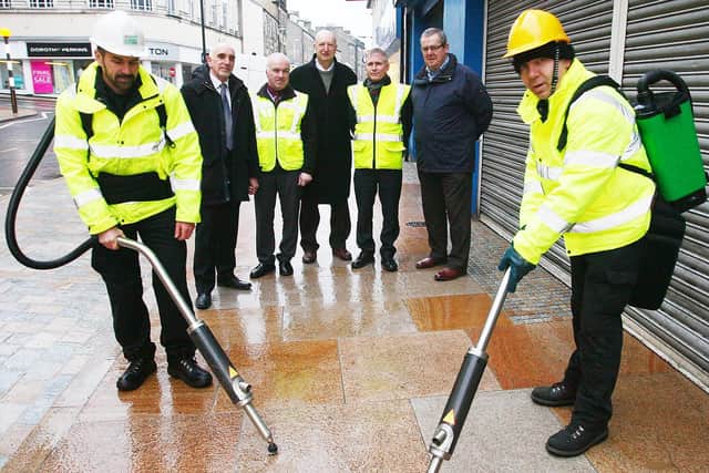 Cleaning the town -  Industrial Cleaners Craig Herriot and  David Park, with Danny Cepok, Chick MacPhee (Supervisor) Neil Crooks, Scott Clelland and Bill Harvey (Kirkcaldy 4 All)