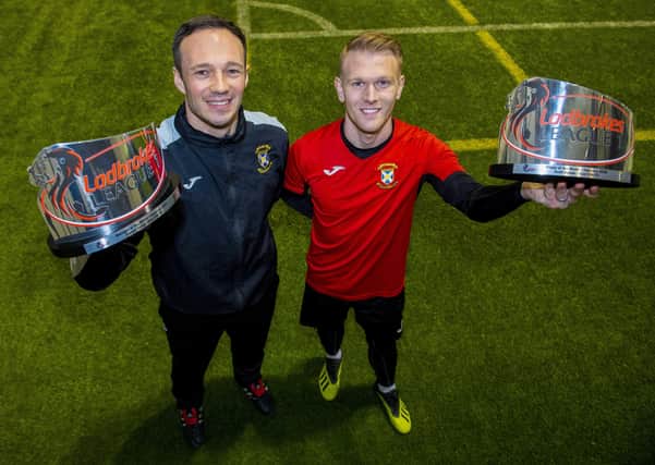Manager Darren Young and midfielder Scott Agnew and are presented with the Ladbrokes Manager and Player of the Month awards for February. (Photo by Bill Murray / SNS Group)