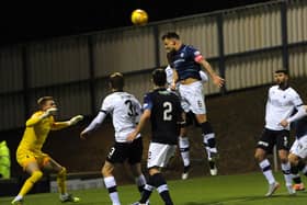 Kyle Benedictus goes close with a header against Falkirk on Tuesday night (Pics by Walter Neilson)