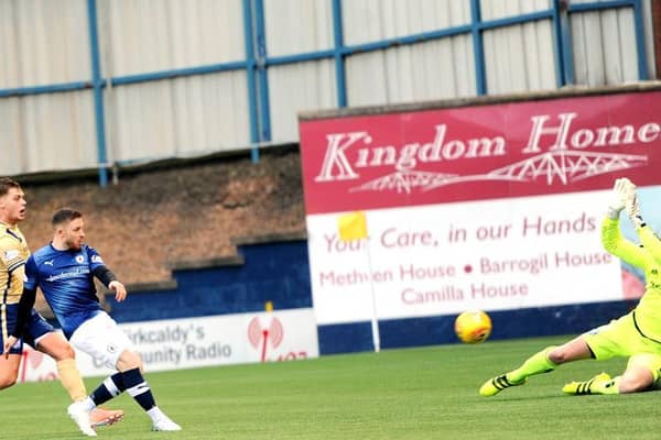 Substitute John Baird scores what proved to be the decisive goal for Raith Rovers. Pic: Fife Photo Agency