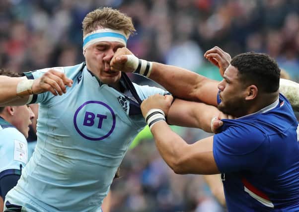 EDINBURGH, SCOTLAND - MARCH 08: Mohammed Haouas of France punches Jamie Ritchie of Scotland and is later sent off after being shown a red card during the 2020 Guinness Six Nations match between Scotland and France at Murrayfield on March 08, 2020 in Edinburgh, Scotland. (Photo by David Rogers/Getty Images)
