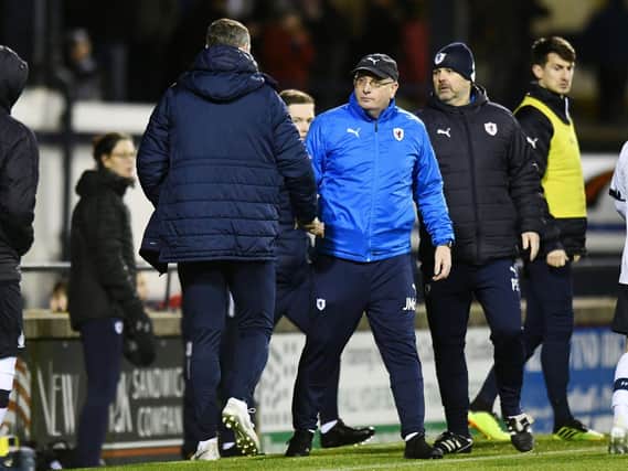 Raith Rovers manager John McGlynn shakes hands with Falkirk co-manager David McCracken after the recent 1-1 draw at Stark's Park. Pic: Michael Gillen