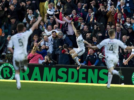 John Baird celebrates his extra-time winner against Rangers in the Ramsdens Cup final at Easter Road - April 6, 2014.