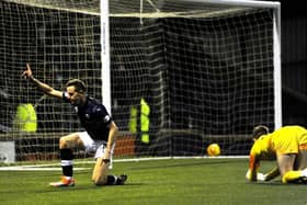 Steven MacLean scores against Falkirk - will he be in contention for goal of the season? (Pic: Fife Photo Agency)