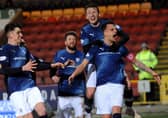 Raith captain Kyle Benedictus celebrates scoring against Partick Thistle in the Challenge Cup semi-final at Firhill (Fife Photo Agency)