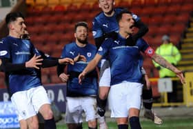 Raith Rovers captain Kyle Benedictus celebrates scoring the opener in the Challenge Cup semi-final win over Partick Thistle. Pic: Walter Neilson