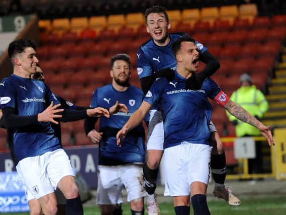 Raith Rovers captain Kyle Benedictus celebrates scoring the opener in the Challenge Cup semi-final win over Partick Thistle. Pic: Walter Neilson