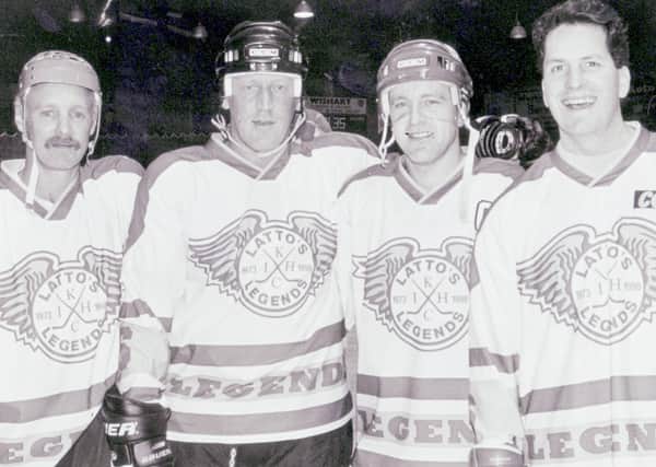 Doug Smail, Jim Lynch, Gordon Latto and Cal Brown pictured at Latto’s testimonial night in 1998.