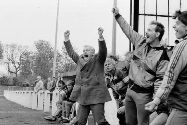 Frank Connor celebrates on the Raith Rovers bench.