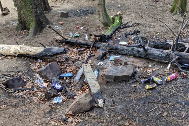 Woodland debris...it's not uncommon for champions to happen across the remnants of a party in the woods, leaving the area charred and scarred with bottles and cans.