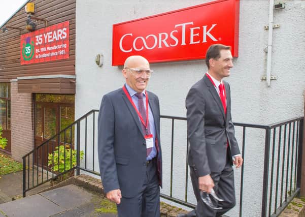 Coorstek’s executive vice-president Andreas Schneider (left) and chief executive officer Timothy Coors on a visit to the Glenrothes plant in 2016