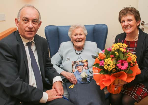 Elizabeth (Betty) Craig passed away recently. She celebrated her 106th birthday in March. She is pictured with  local councillor Judy Hamilton, representing Fife Council and Col Jim Kinloch DL, who represented the Lieutenancy. Pic: Andrew Beveridge/Fife Council.