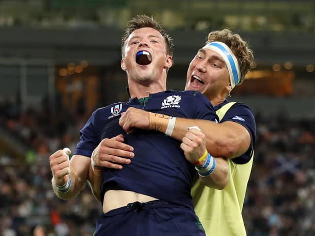 Jamie Ricthie celebrates with former Howe of Fife team mate George Horne at the 2019 World Cup. (Photo by Mike Hewitt/Getty Images)