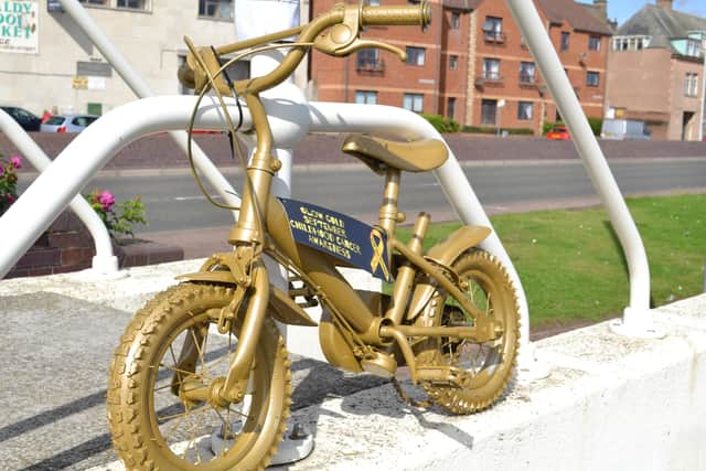 One of the spray-painted gold bikes Kirkcaldy mum Kelly Clarkson has placed around Kirkcaldy last year to raise awareness of childhood cancer.