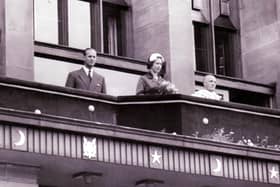Prince Phillip and The Queen on the balcony at Kirkcaldy Town House in 1958