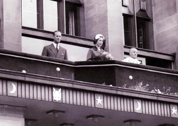 Prince Phillip and The Queen on the balcony at Kirkcaldy Town House in 1958