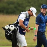 NEWPORT, WALES - AUGUST 16: Caonnor Syme of Scotland walks down the first hole with his caddie during Day four of the Celtic Classic at the Celtic Manor Resort on August 16, 2020 in Newport, Wales. (Photo by Andrew Redington/Getty Images)