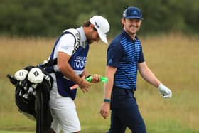 NEWPORT, WALES - AUGUST 16: Caonnor Syme of Scotland walks down the first hole with his caddie during Day four of the Celtic Classic at the Celtic Manor Resort on August 16, 2020 in Newport, Wales. (Photo by Andrew Redington/Getty Images)