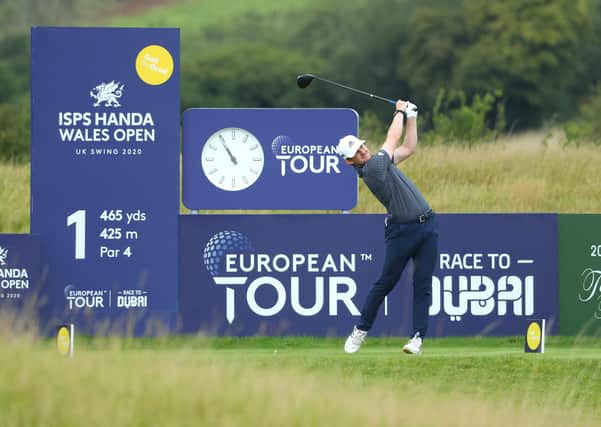 Connor Syme  tees off on the first hole during day four of the Wales Open at the Celtic Manor Resort. (Photo by Warren Little/Getty Images)
