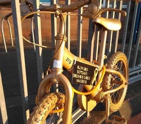This gold bike at Sinclairtown Primary is very poignant as Kelly and Martyn's daughter Megan would have started P1 here just a few weeks ago.