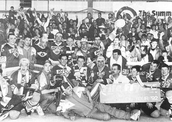 Fife Flyers celebrate winning promotion from the First Division to the Premier League in 1992.