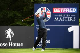 Calum Hill  plays his tee shot on the 1st hole during Day 1 of the Betfred British Masters at Close House Golf Club on July 22, 2020 in Newcastle upon Tyne, England. (Photo by Ross Kinnaird/Getty Images)